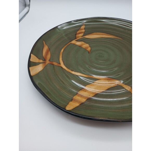 Pier One Large Round Serving Platter Dark Green Swirled Golden Leaves Dakara 13" - Picture 6 of 7